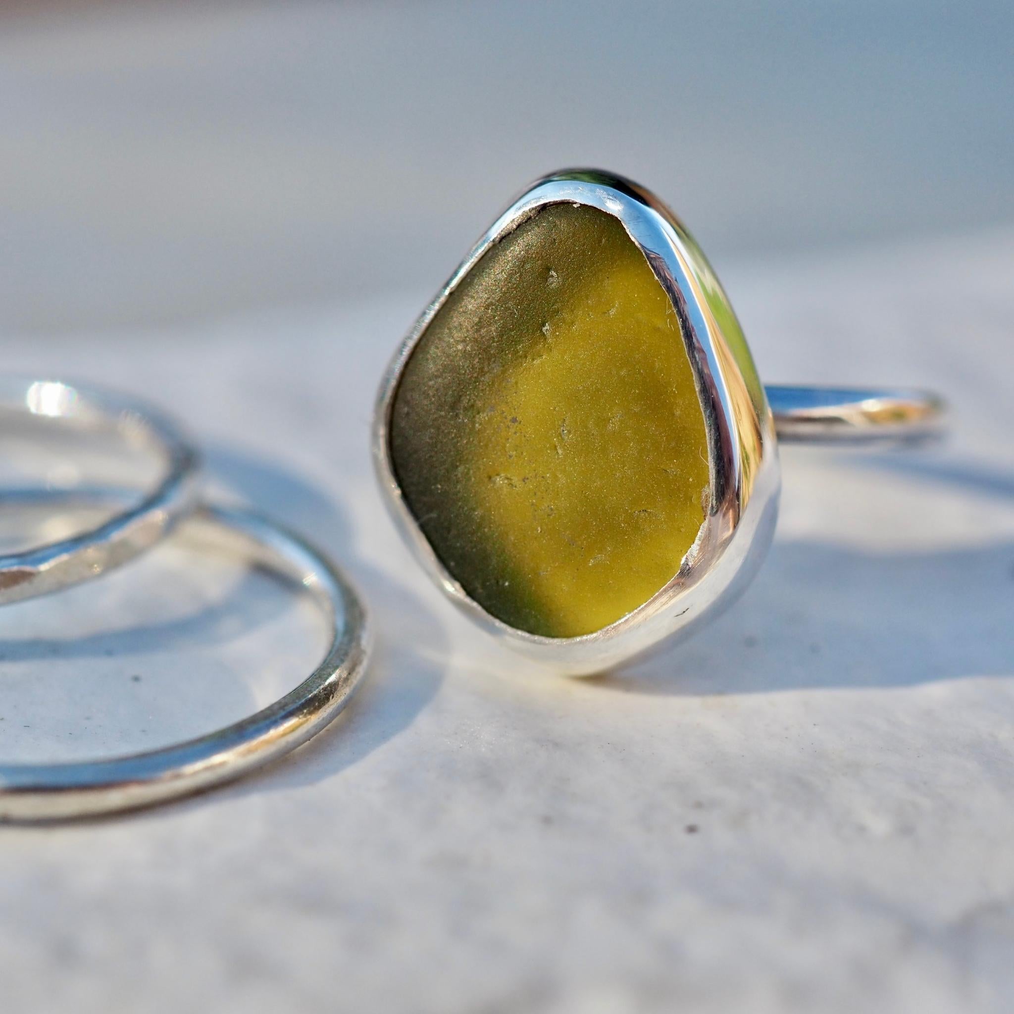 Olive Sea Glass Ring - Size K