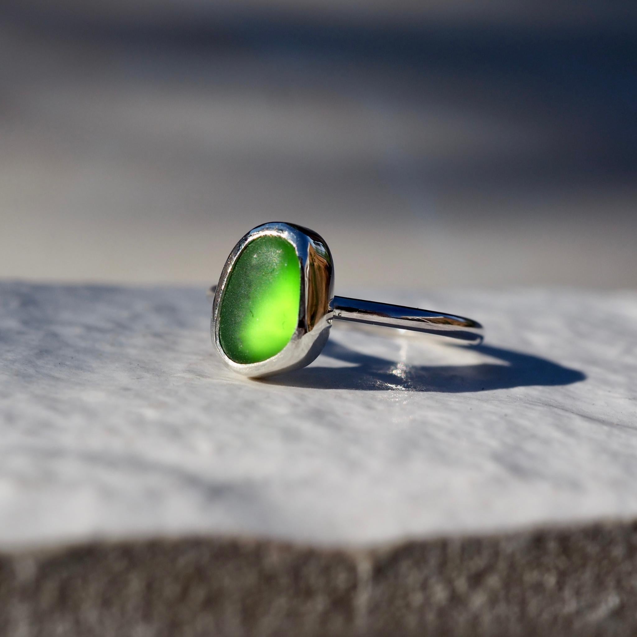 Emerald Green Sea Glass Ring - Size K 1/2