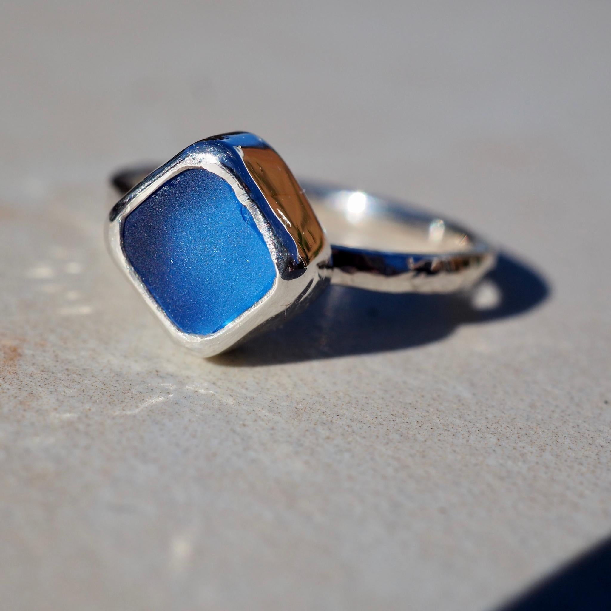 Sky Blue Square Sea Glass Ring - Size N