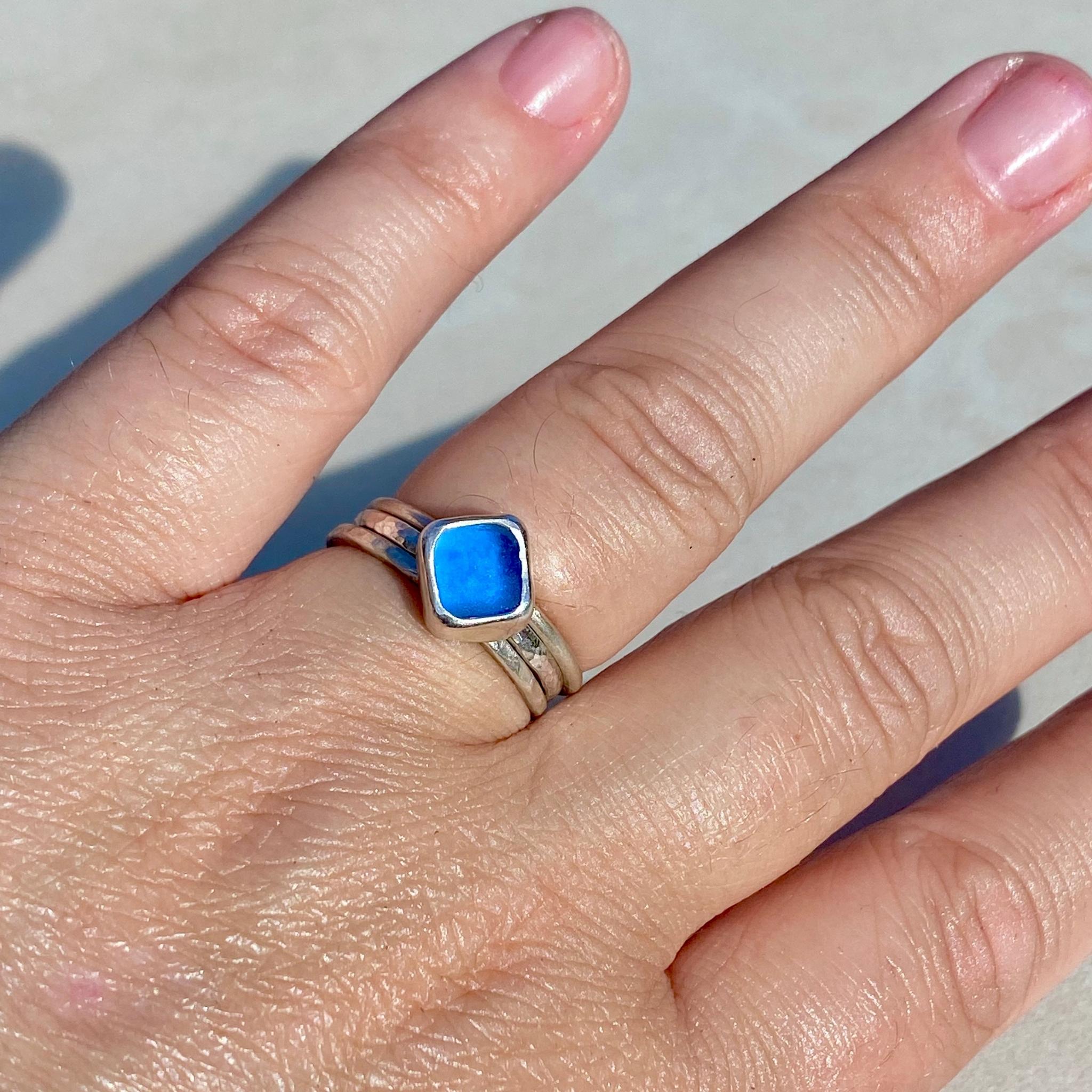 Sky Blue Square Sea Glass Ring - Size N