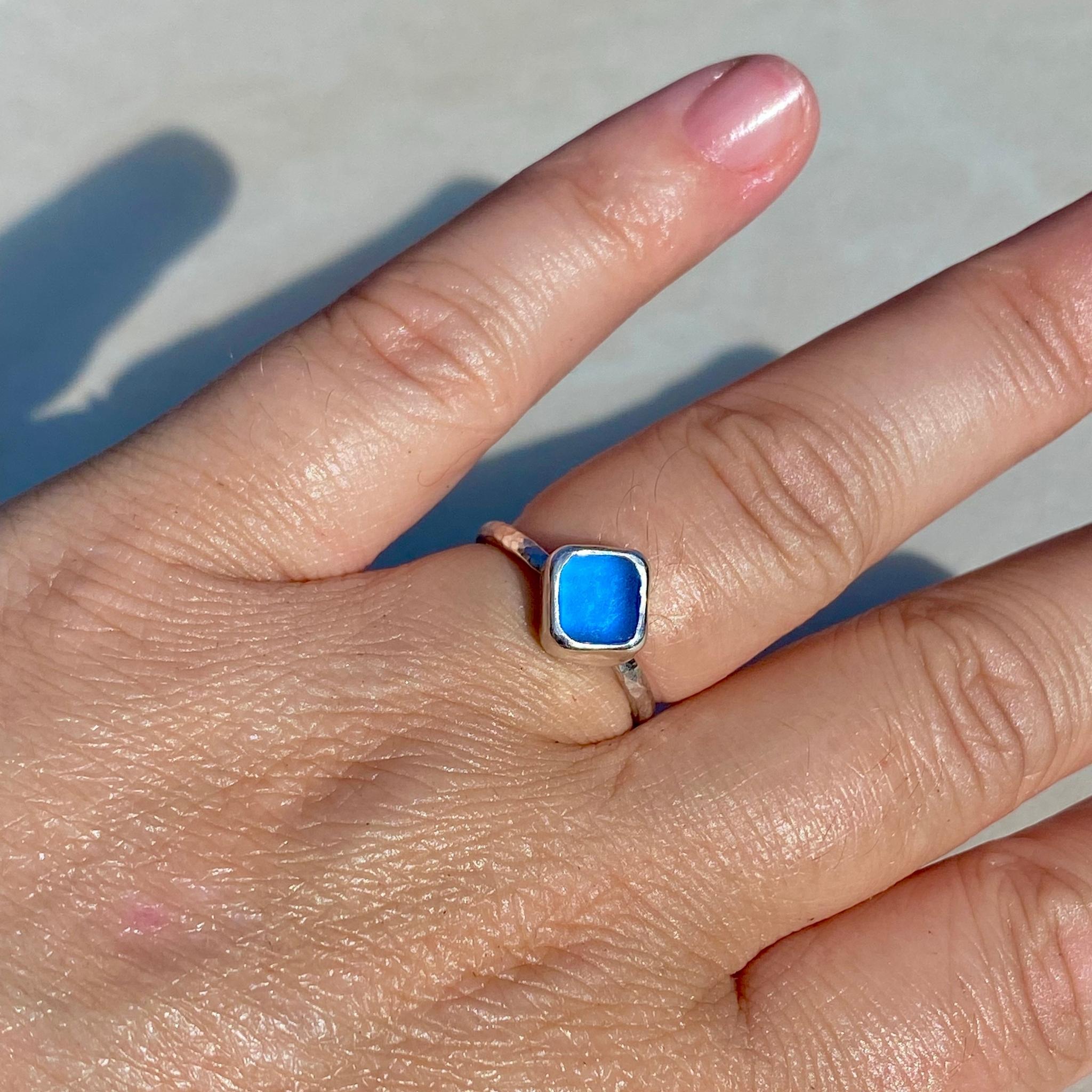 Sky Blue Square Sea Glass Ring - Size N