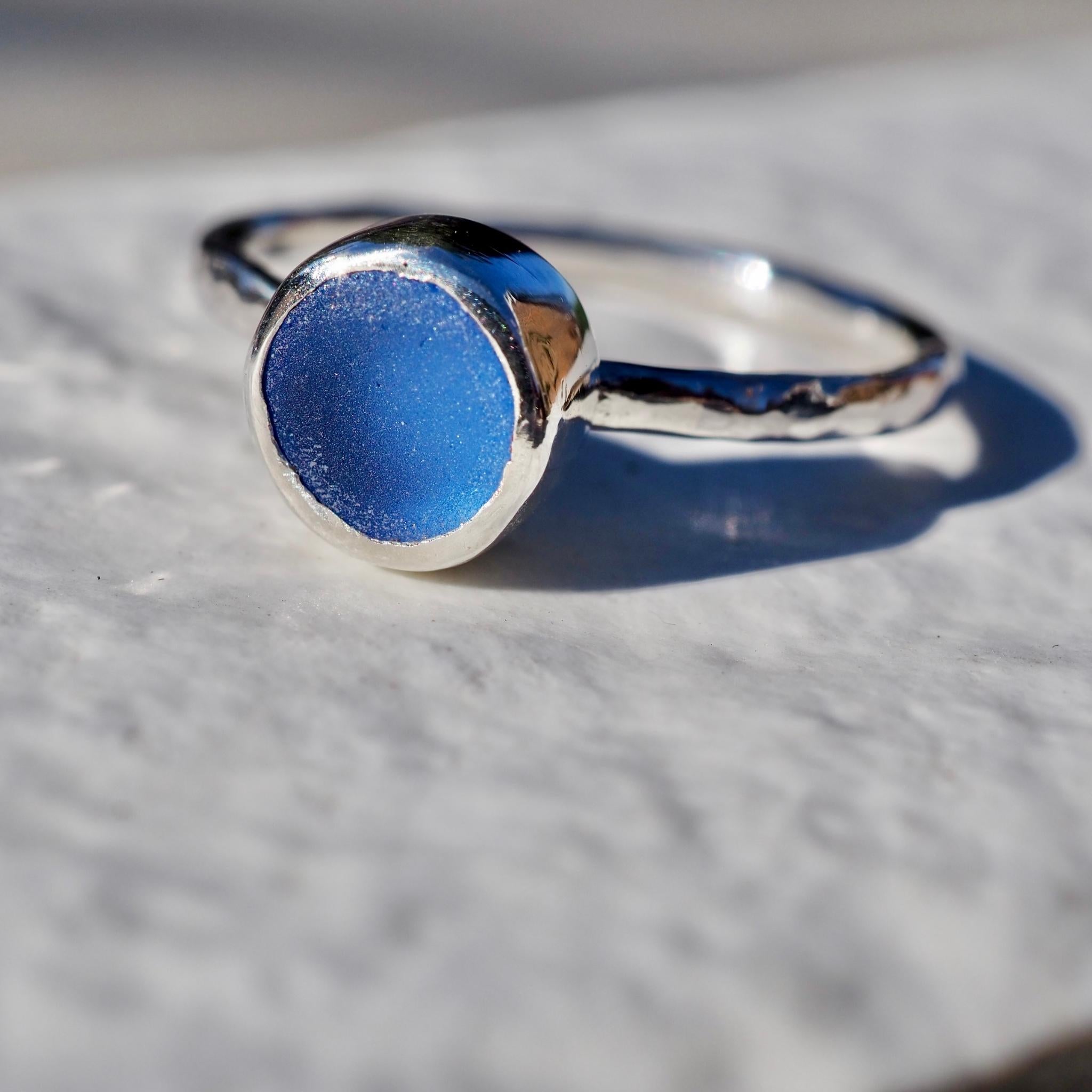 Sky Blue Round Sea Glass Ring - Size S