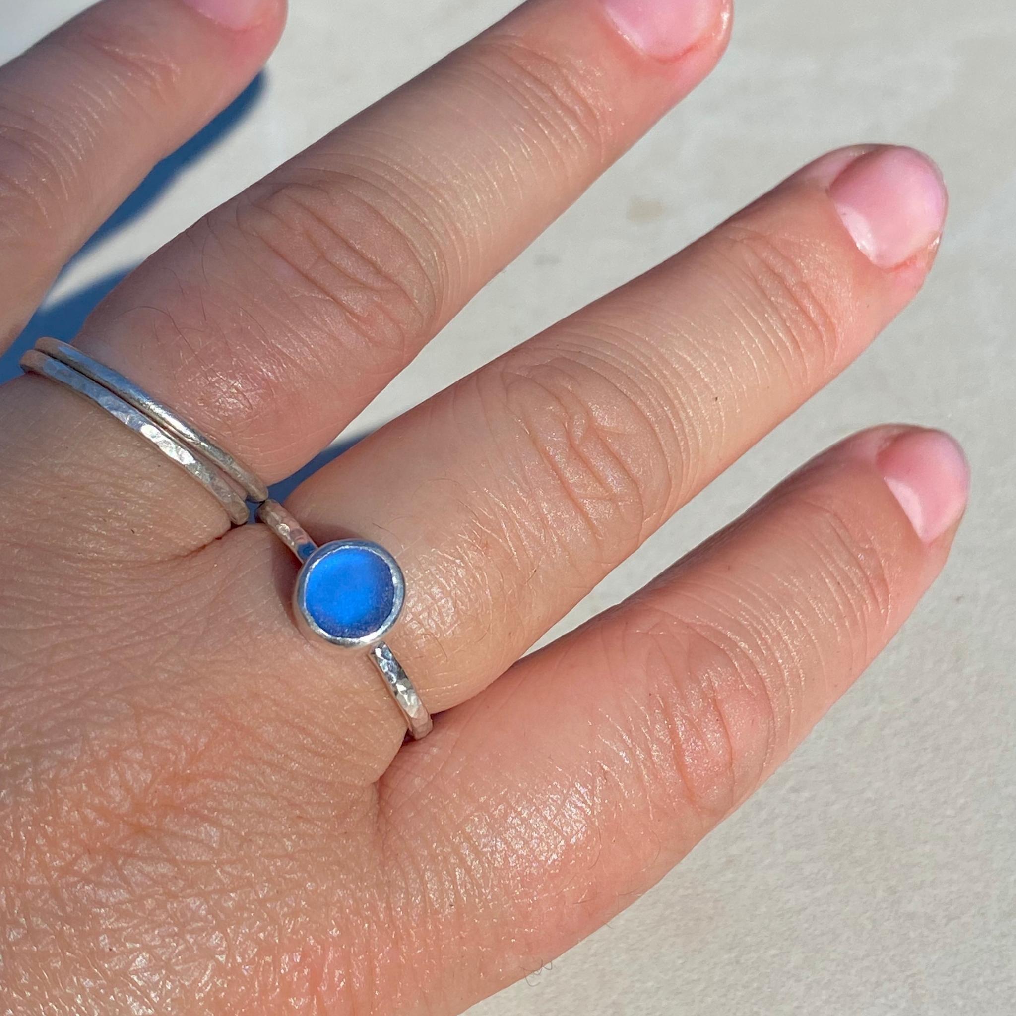 Sky Blue Round Sea Glass Ring - Size S