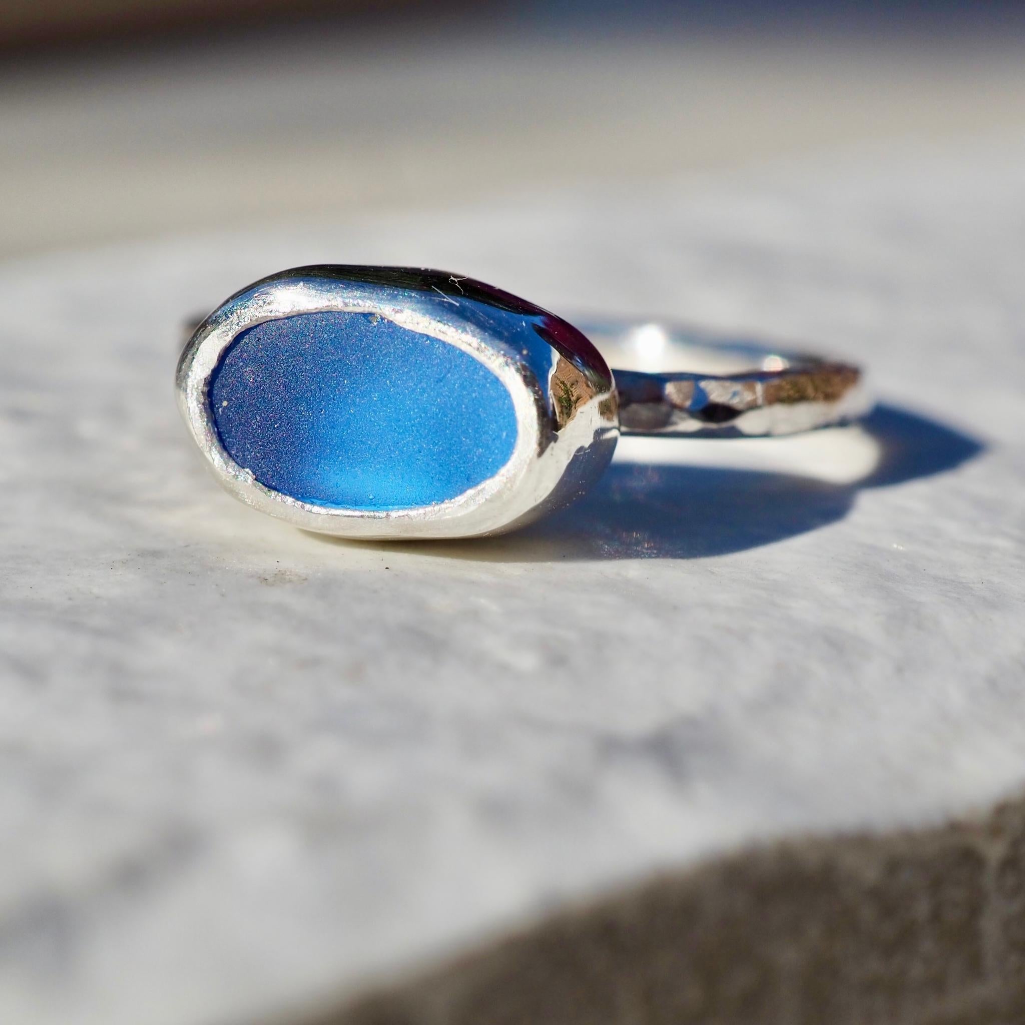 Sky Blue Oval Sea Glass Ring - Size N