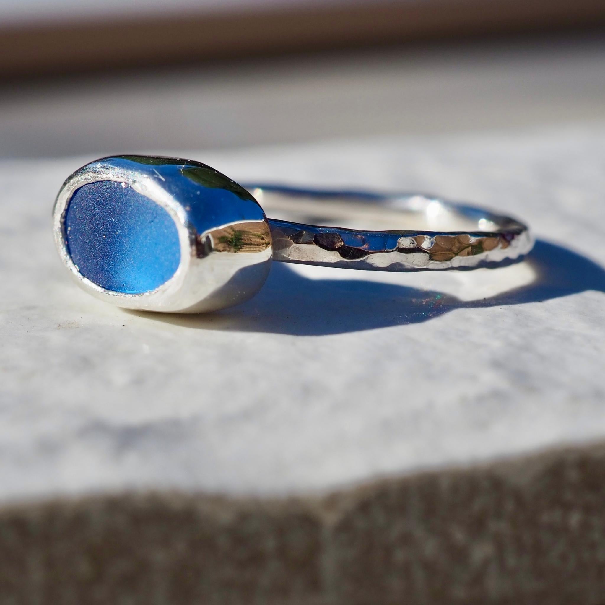 Sky Blue Oval Sea Glass Ring - Size N