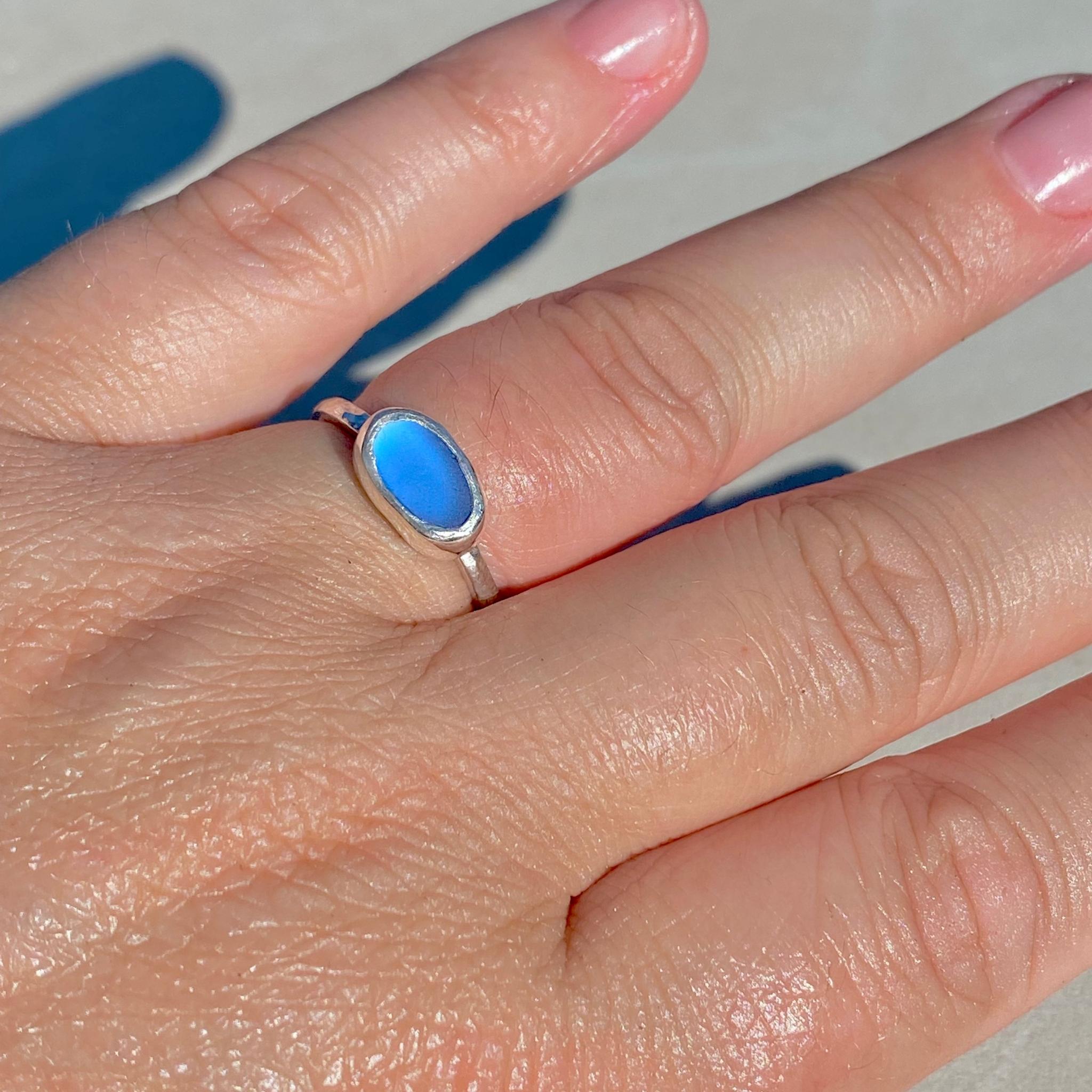 Sky Blue Oval Sea Glass Ring - Size N