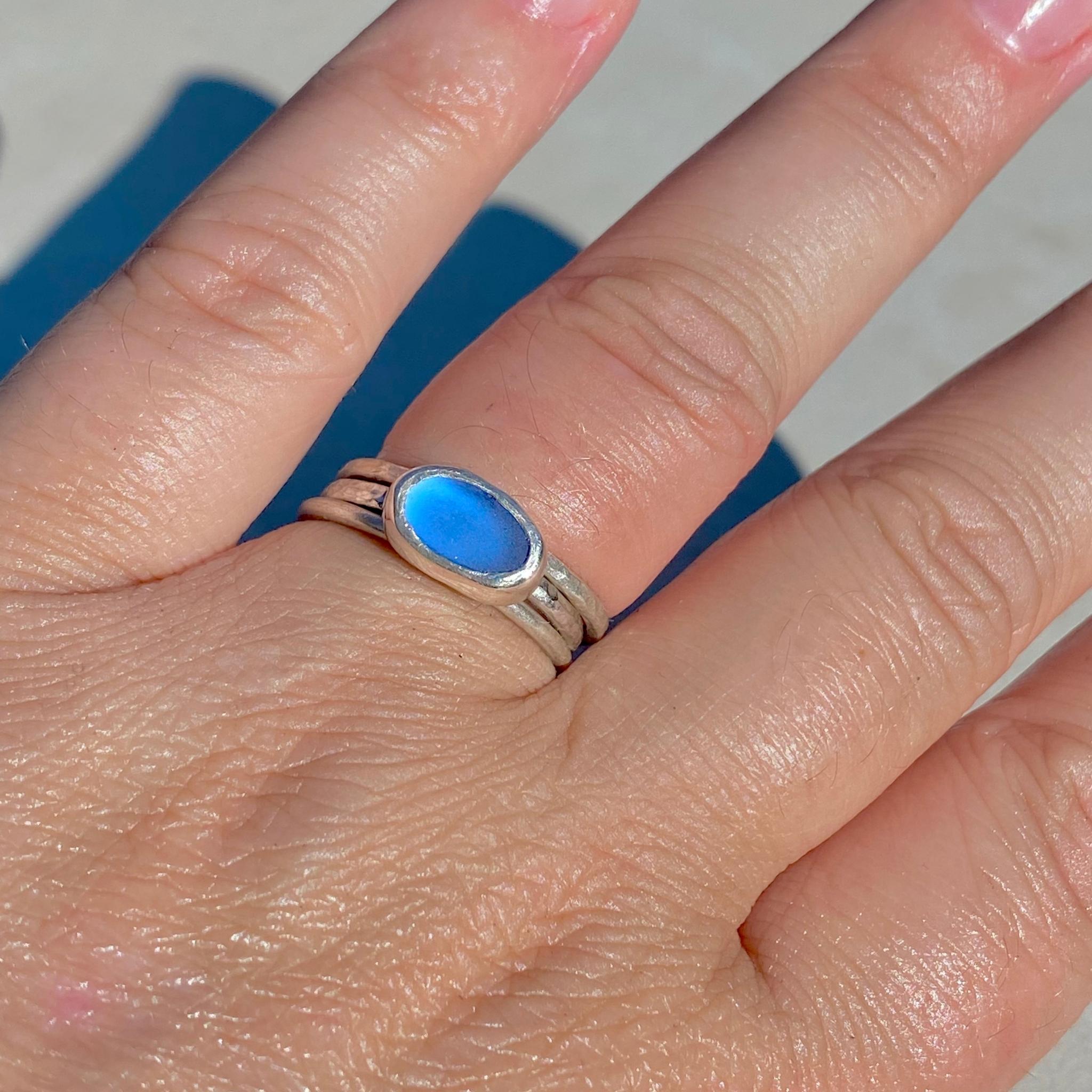 Sky Blue Oval Sea Glass Ring - Size N