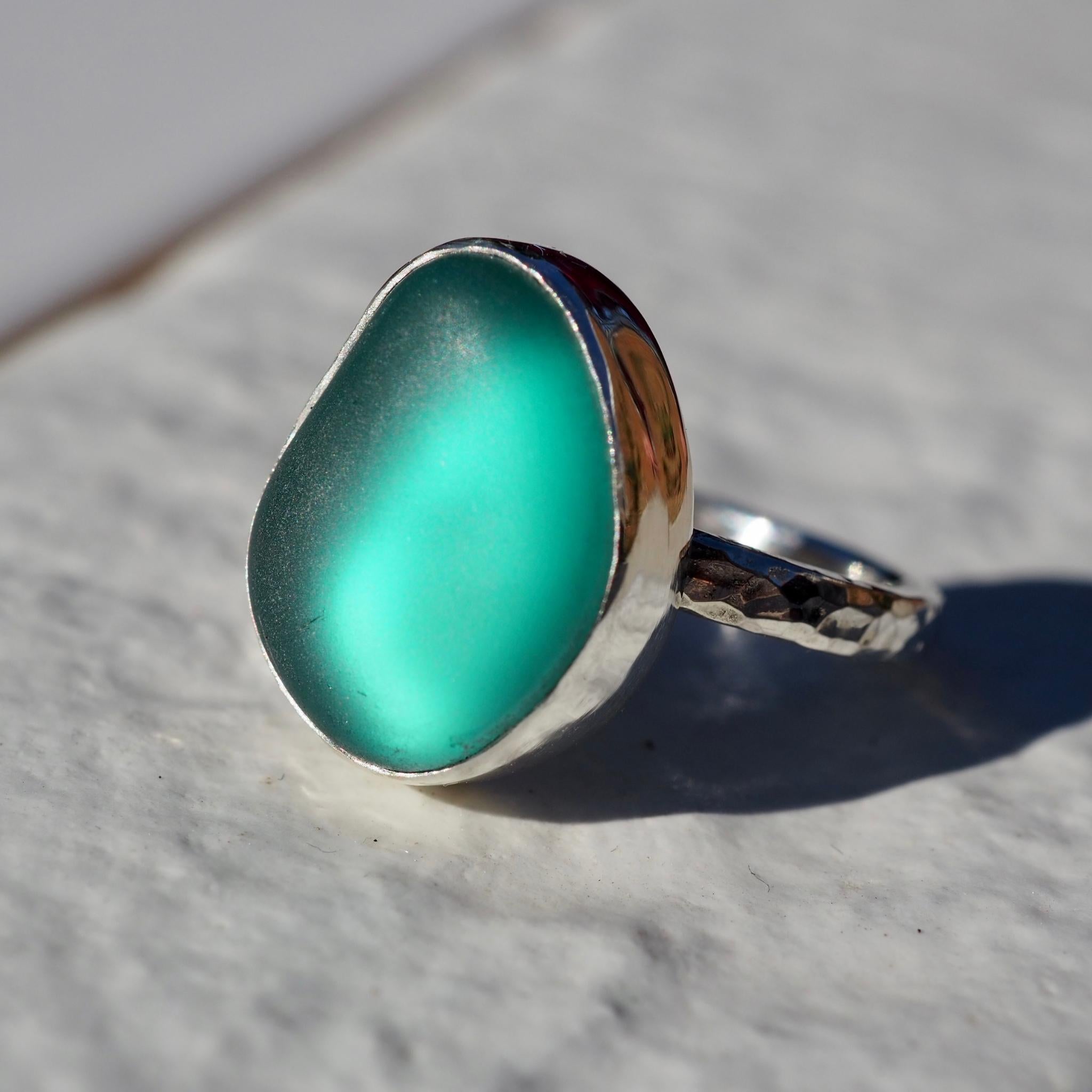 Statement Teal Blue Sea Glass Ring - Size O