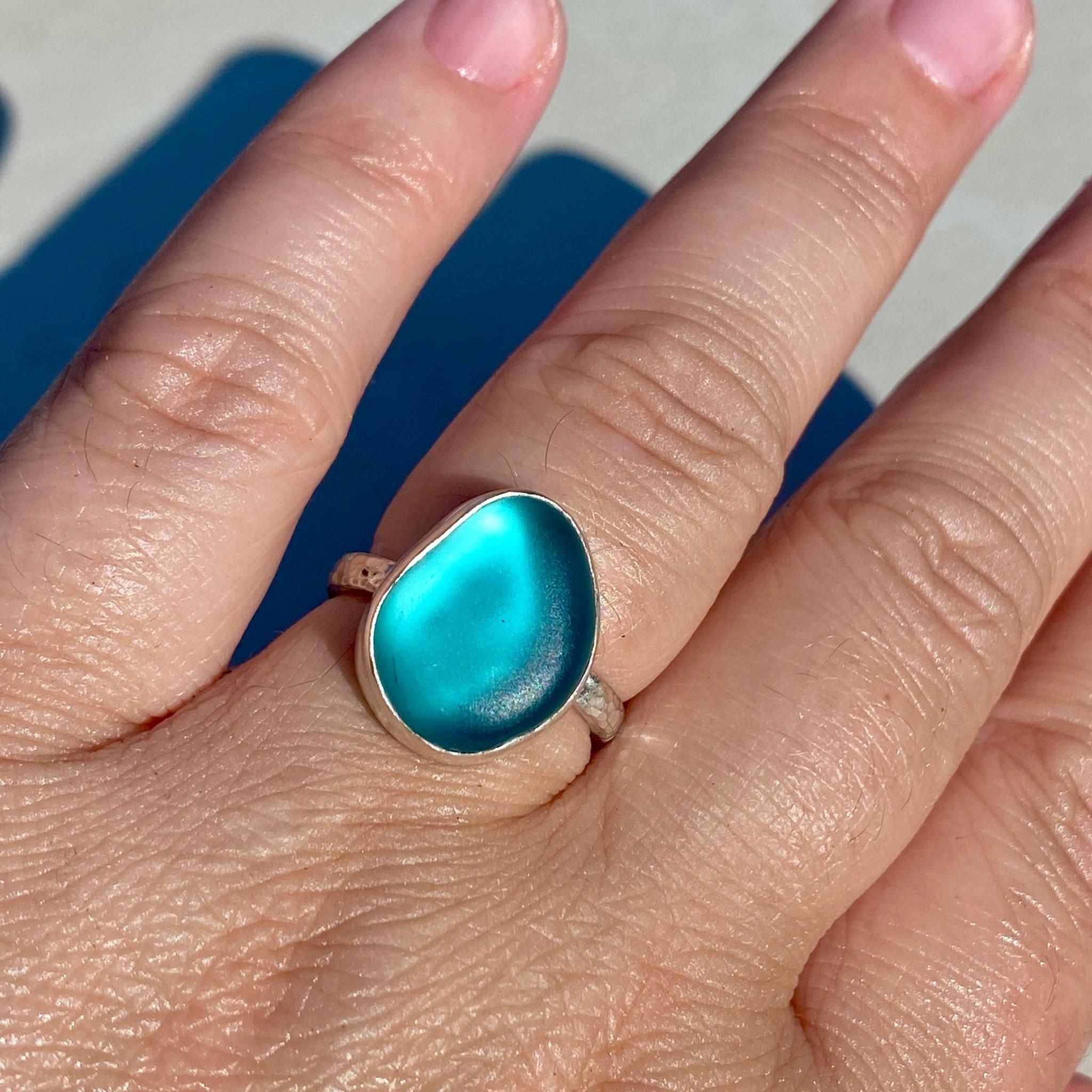 Statement Teal Blue Sea Glass Ring - Size O