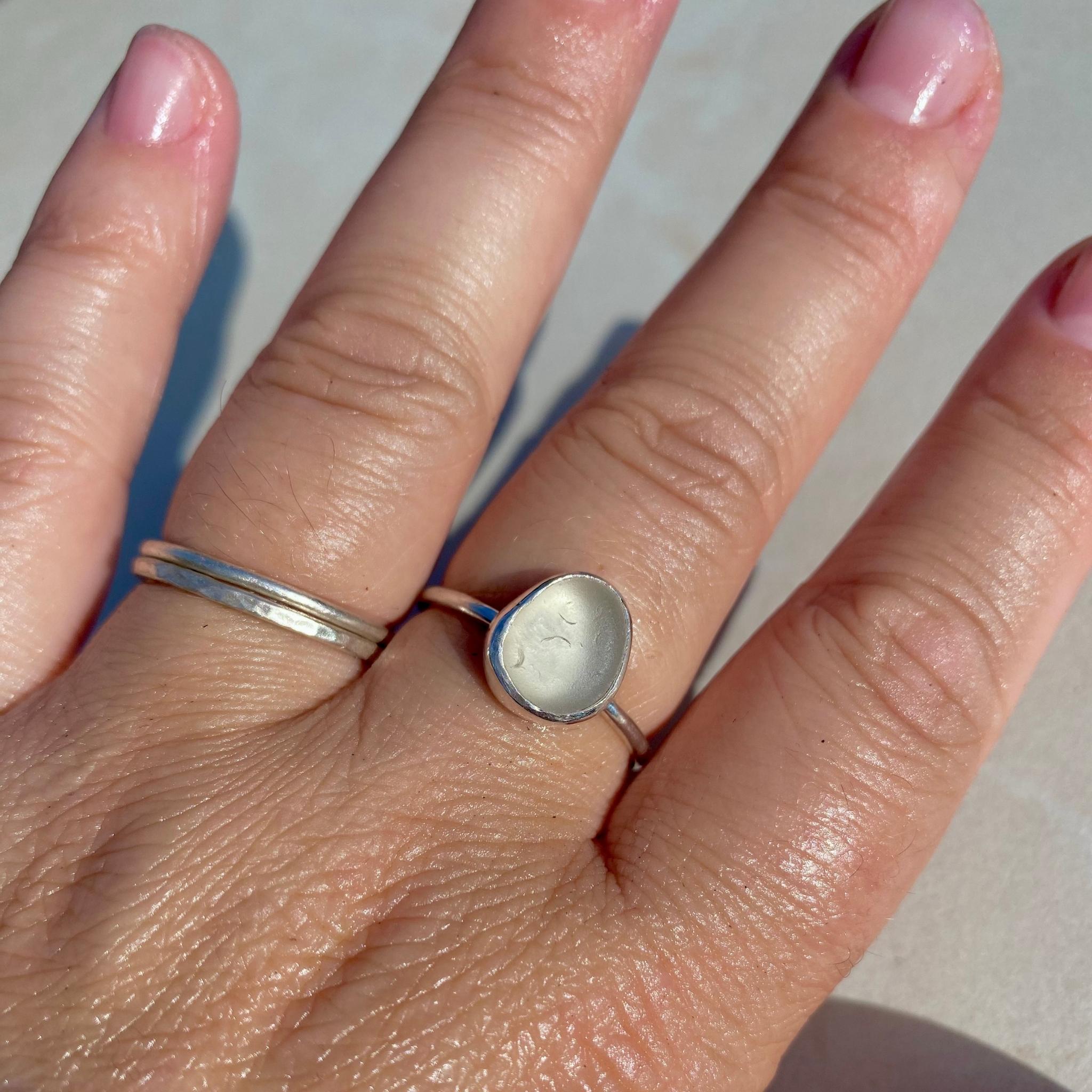 White Oval Sea Glass Ring - Size U