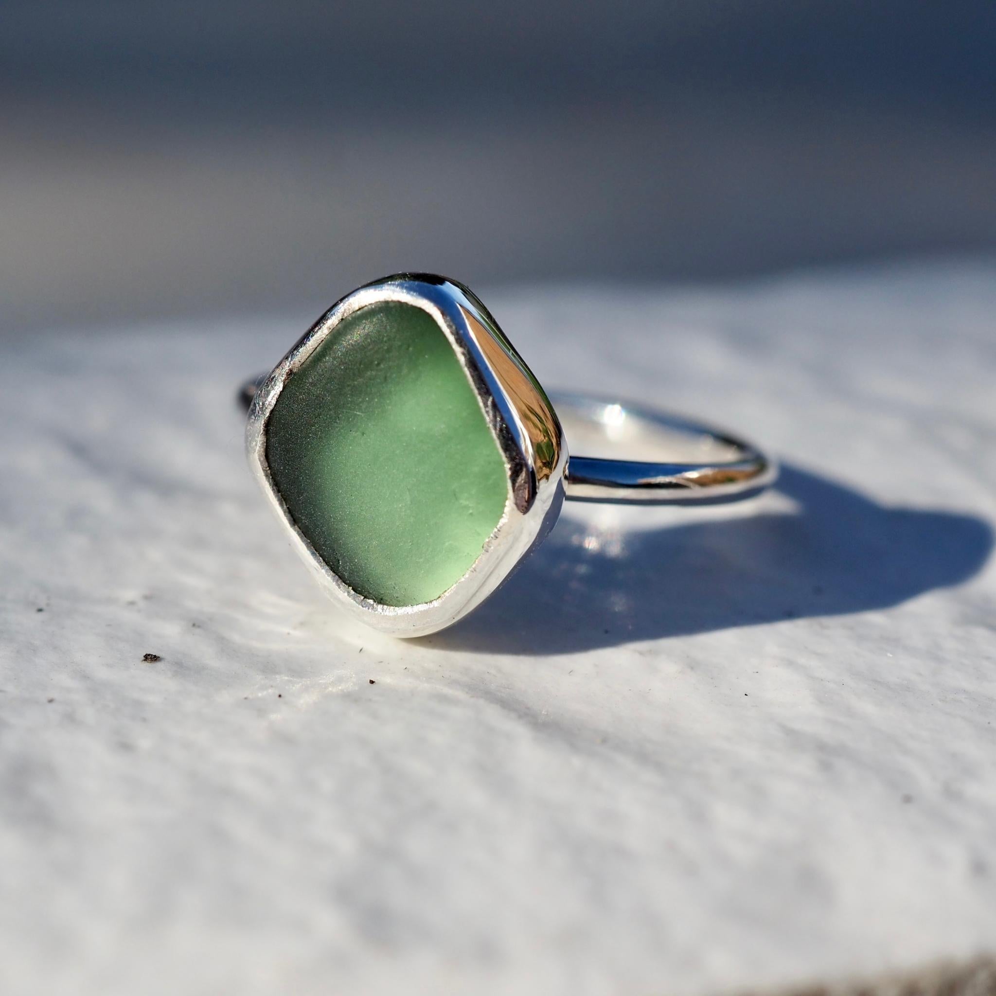 Light Teal Grey Sea Glass Ring - Size N