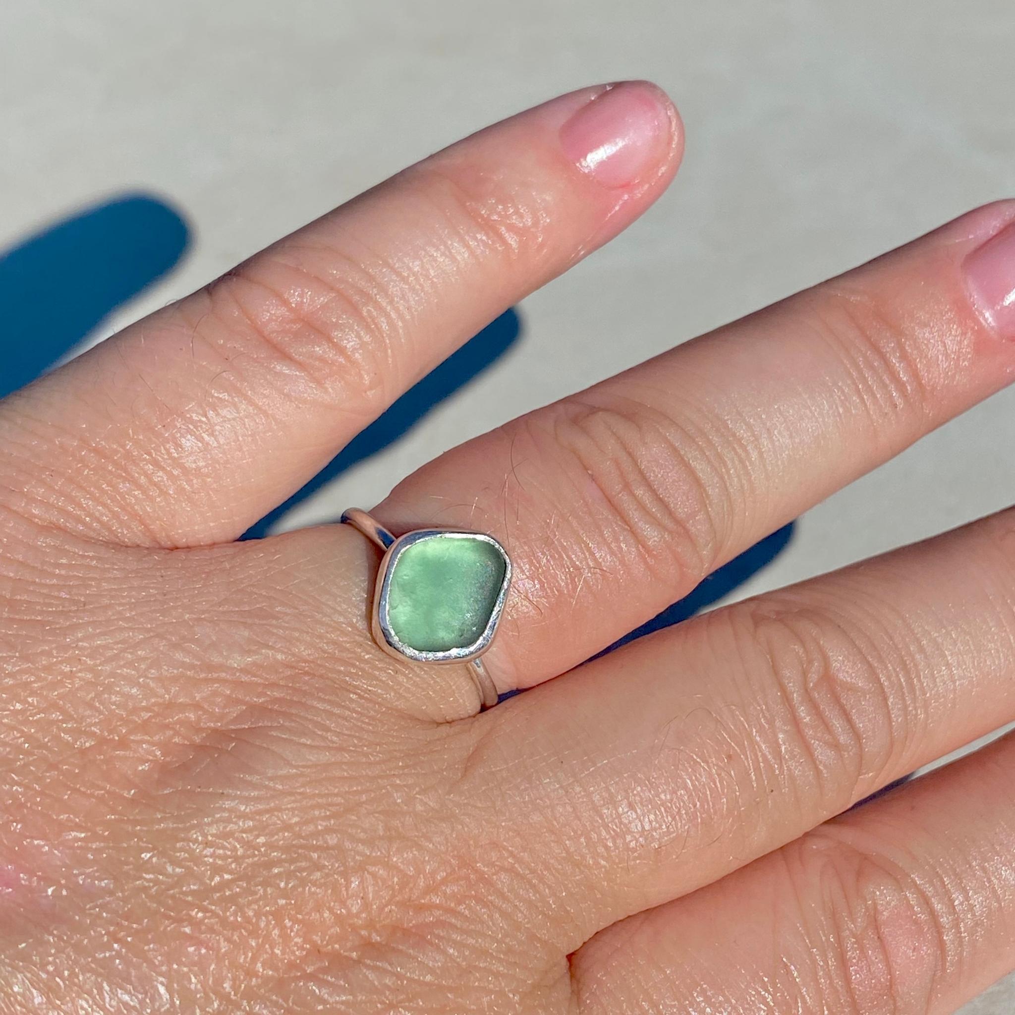 Light Teal Grey Sea Glass Ring - Size N