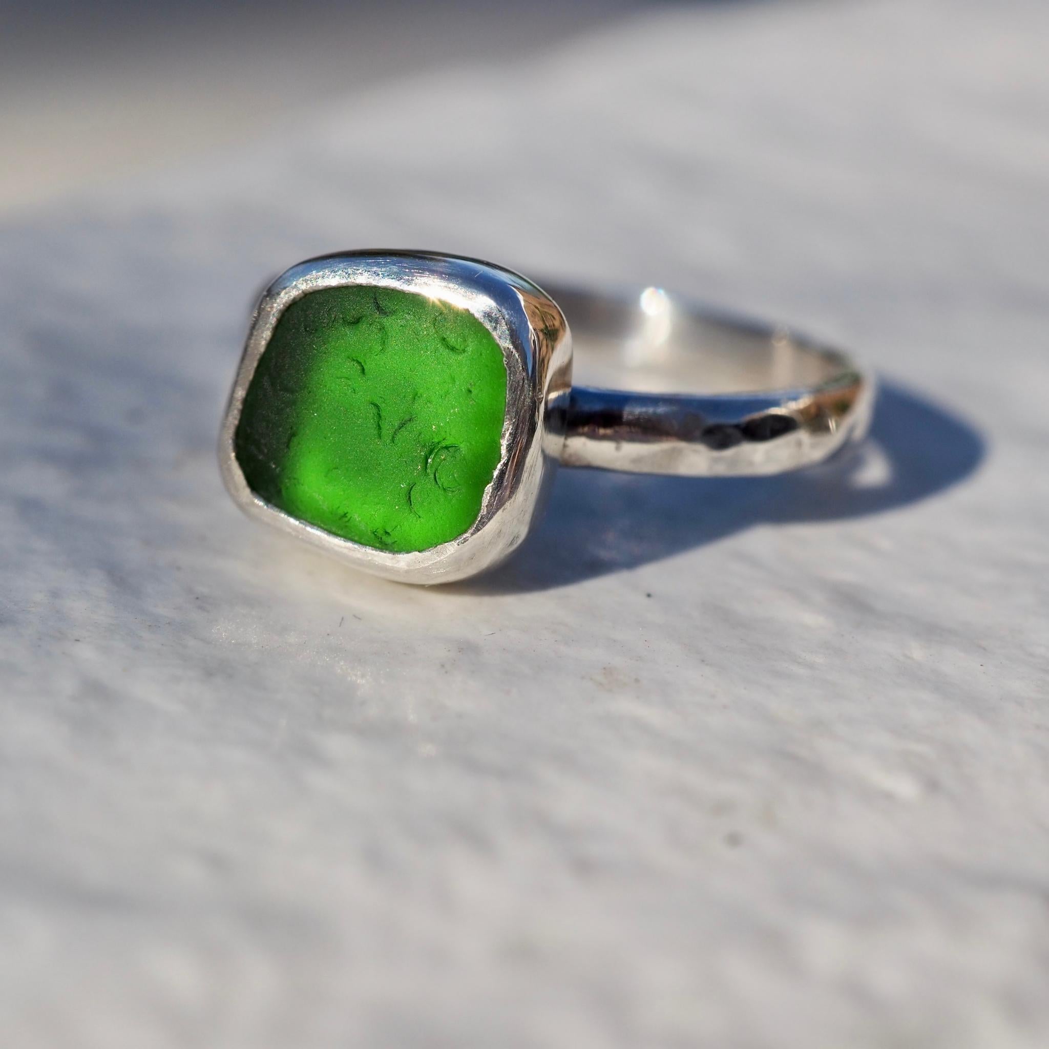 Green Square Sea Glass Ring - Size M
