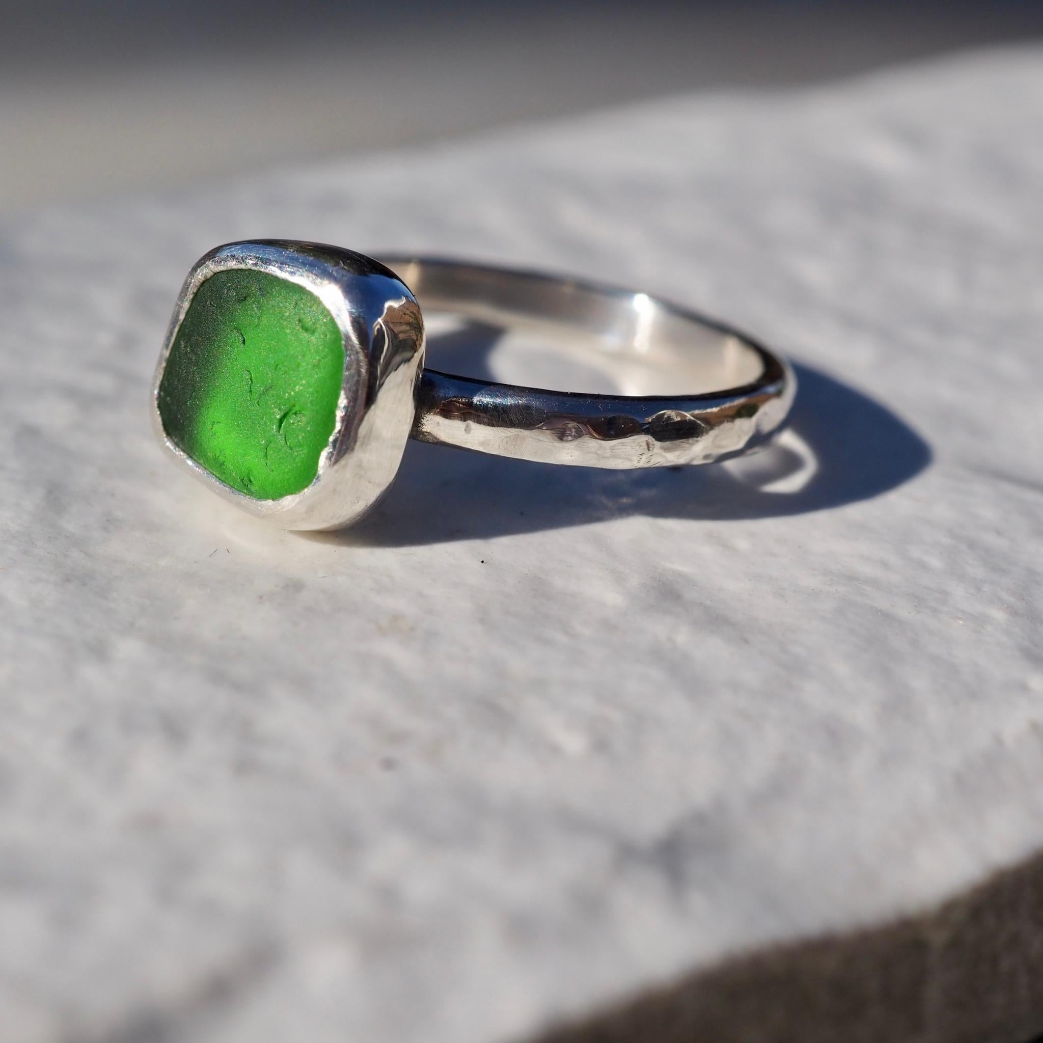Green Square Sea Glass Ring - Size M