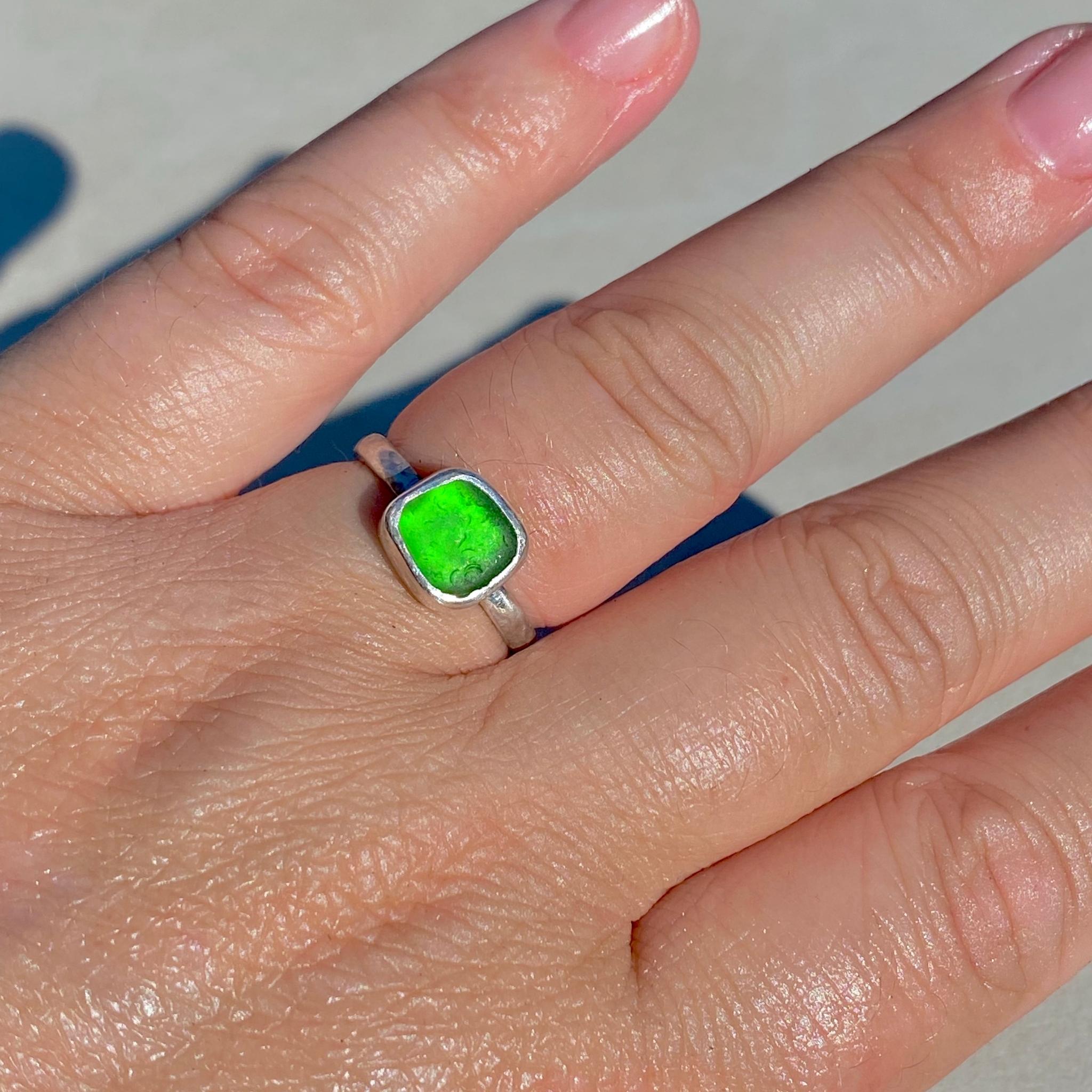 Green Square Sea Glass Ring - Size M