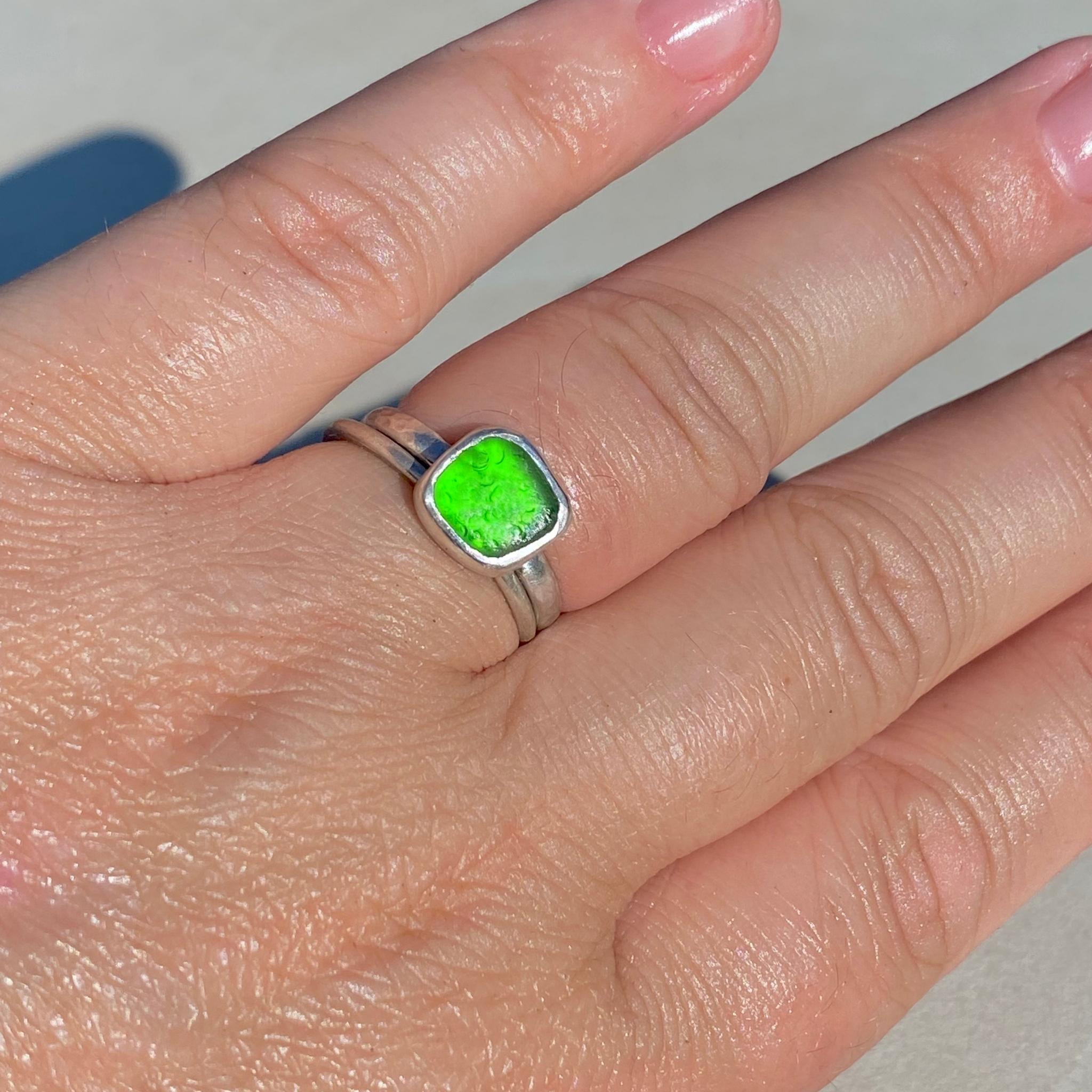 Green Square Sea Glass Ring - Size M