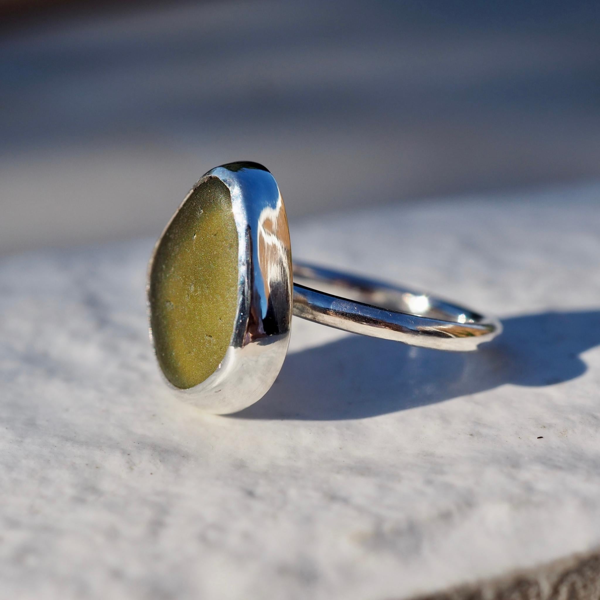 Olive Sea Glass Ring - Size K
