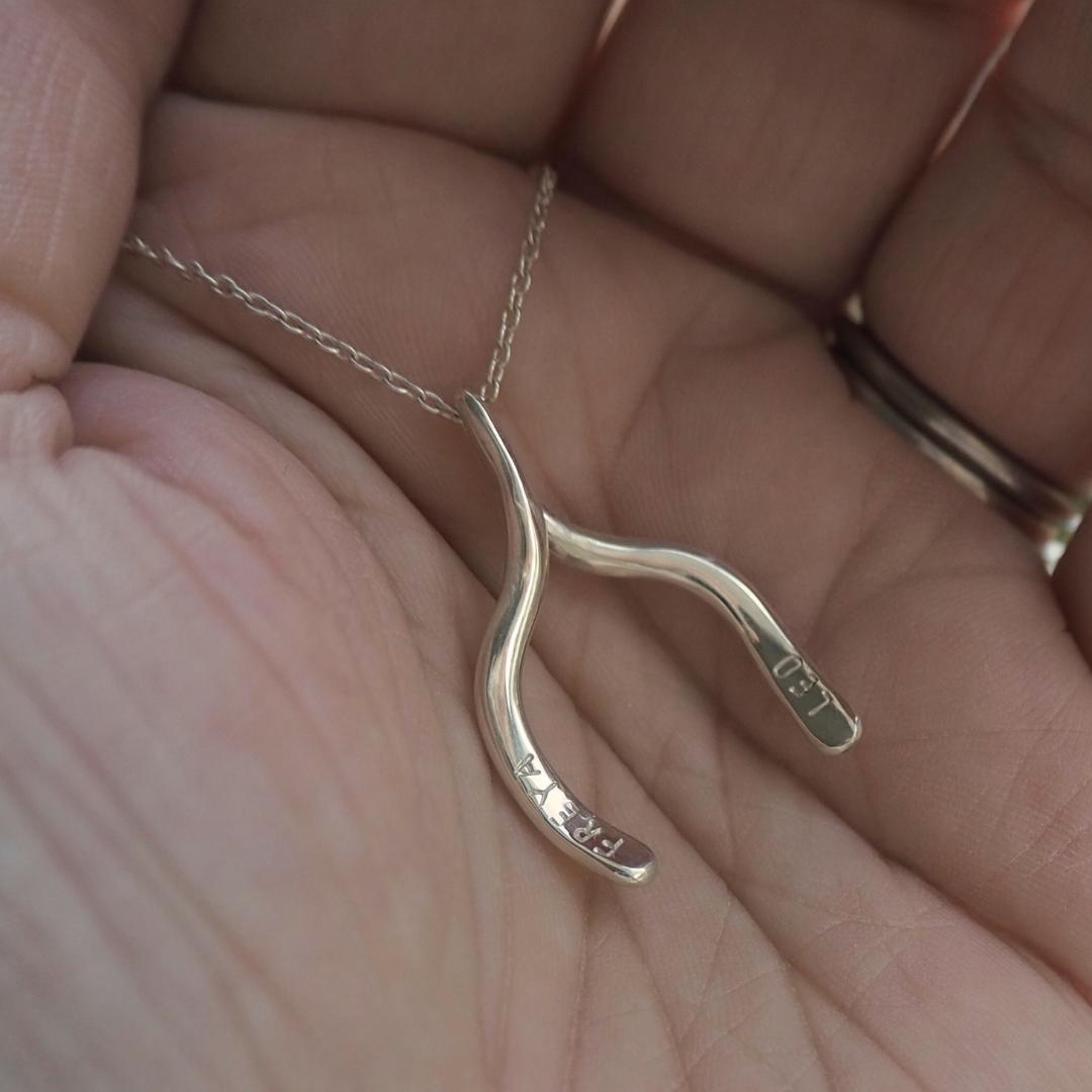Sterling Silver wishbone necklace, personalised with hand-stamped names