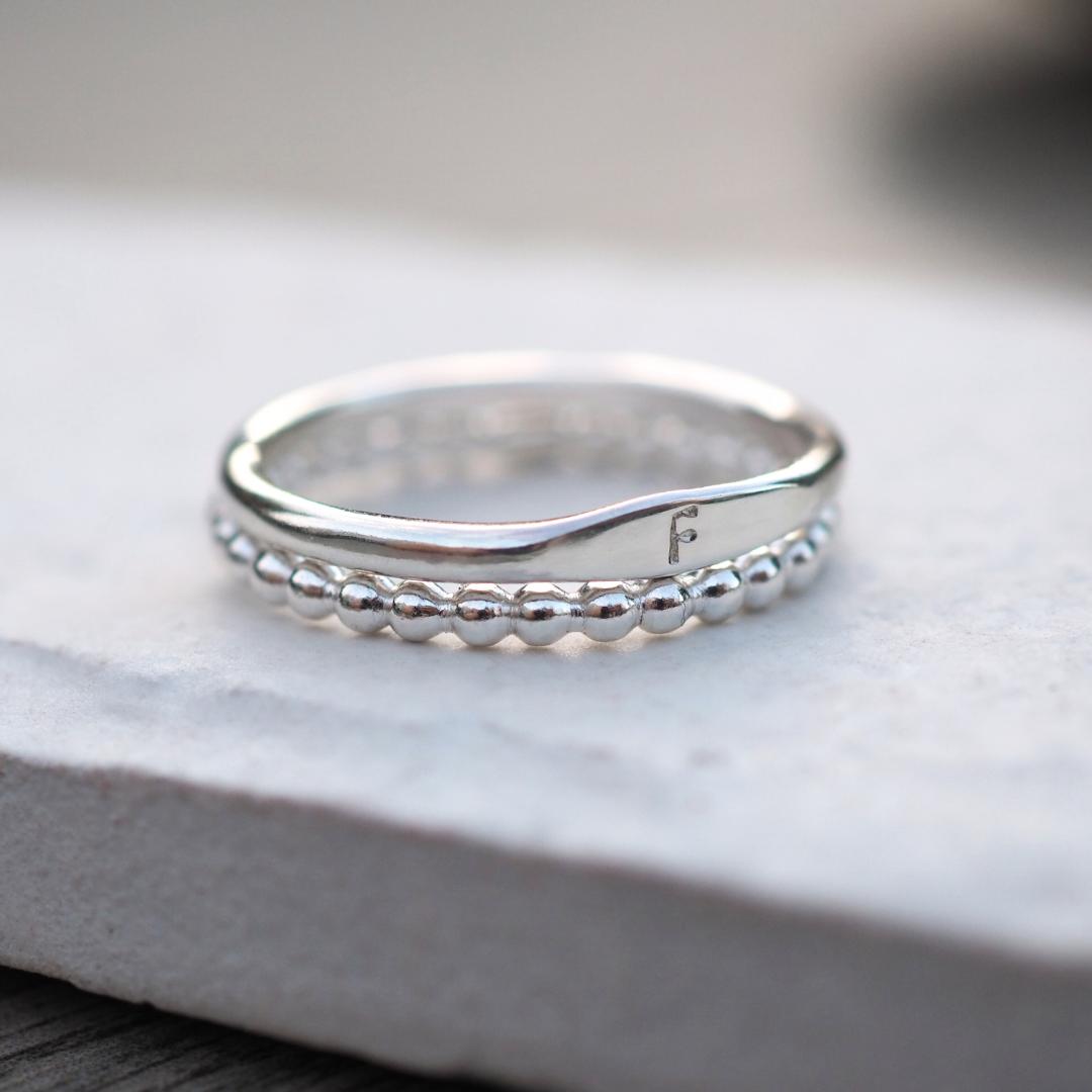 Sterling Silver Mini Signet Ring personalised with a hand stamped initial and a beaded stacking ring