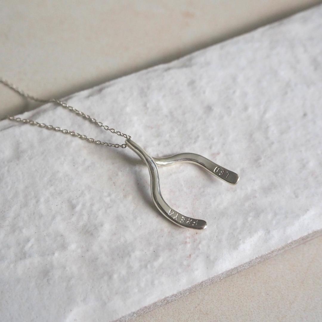 Personalised wishbone necklace, sterling silver, symbolising luck and hope