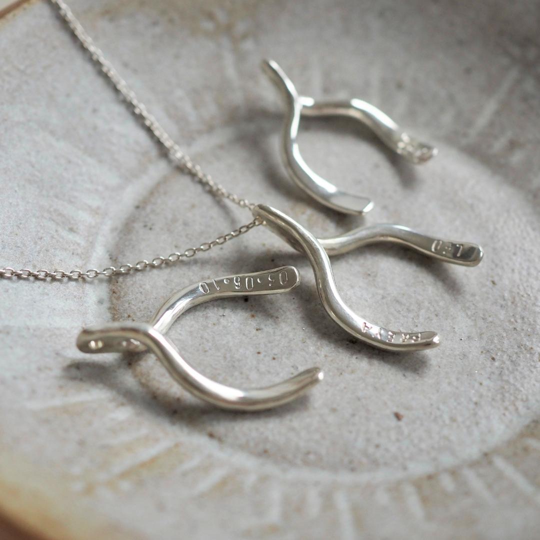Sterling silver wishbone necklace, custom-stamped with names or dates