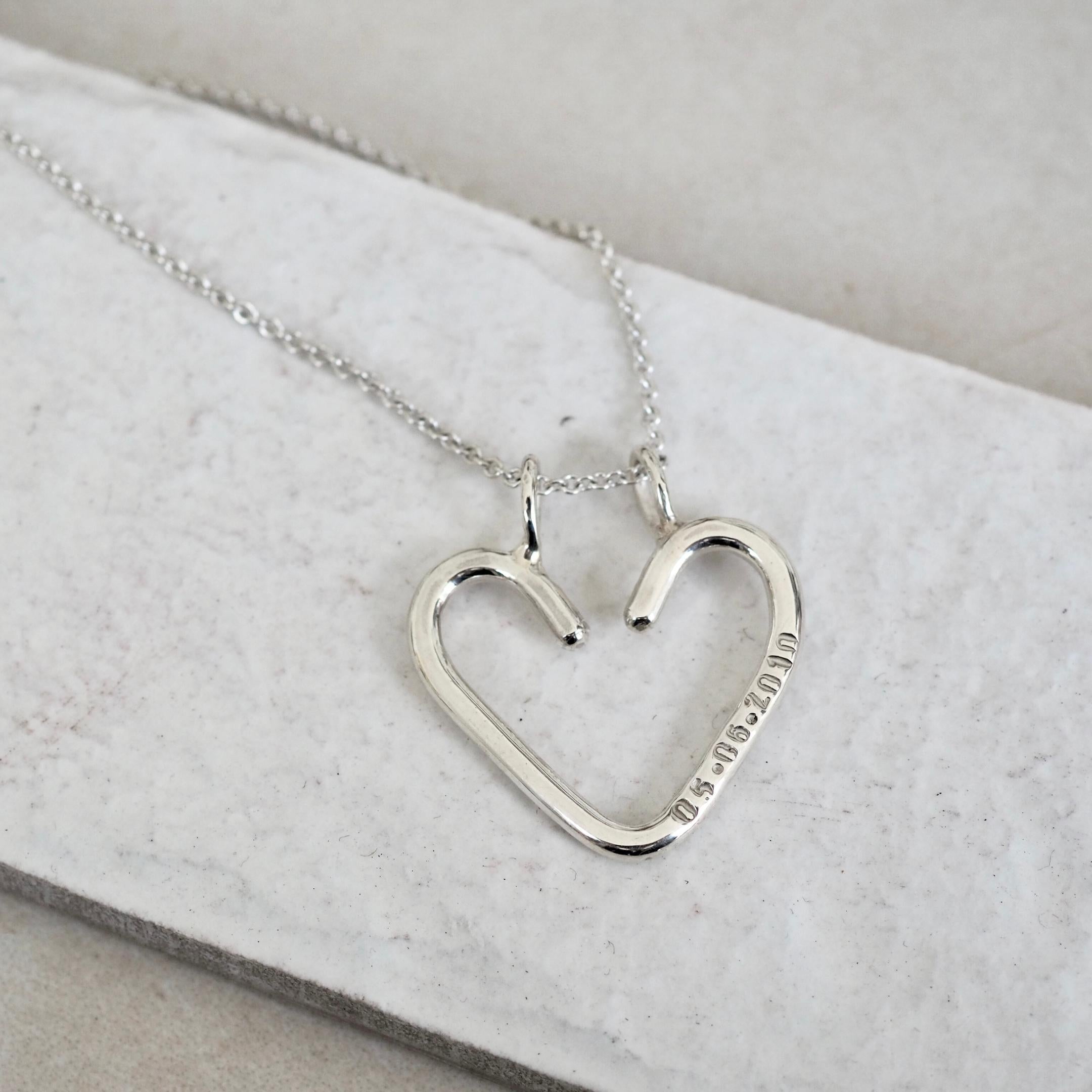 Custom silver heart ring keeper necklace, safely holds rings when they cannot be worn on the hand