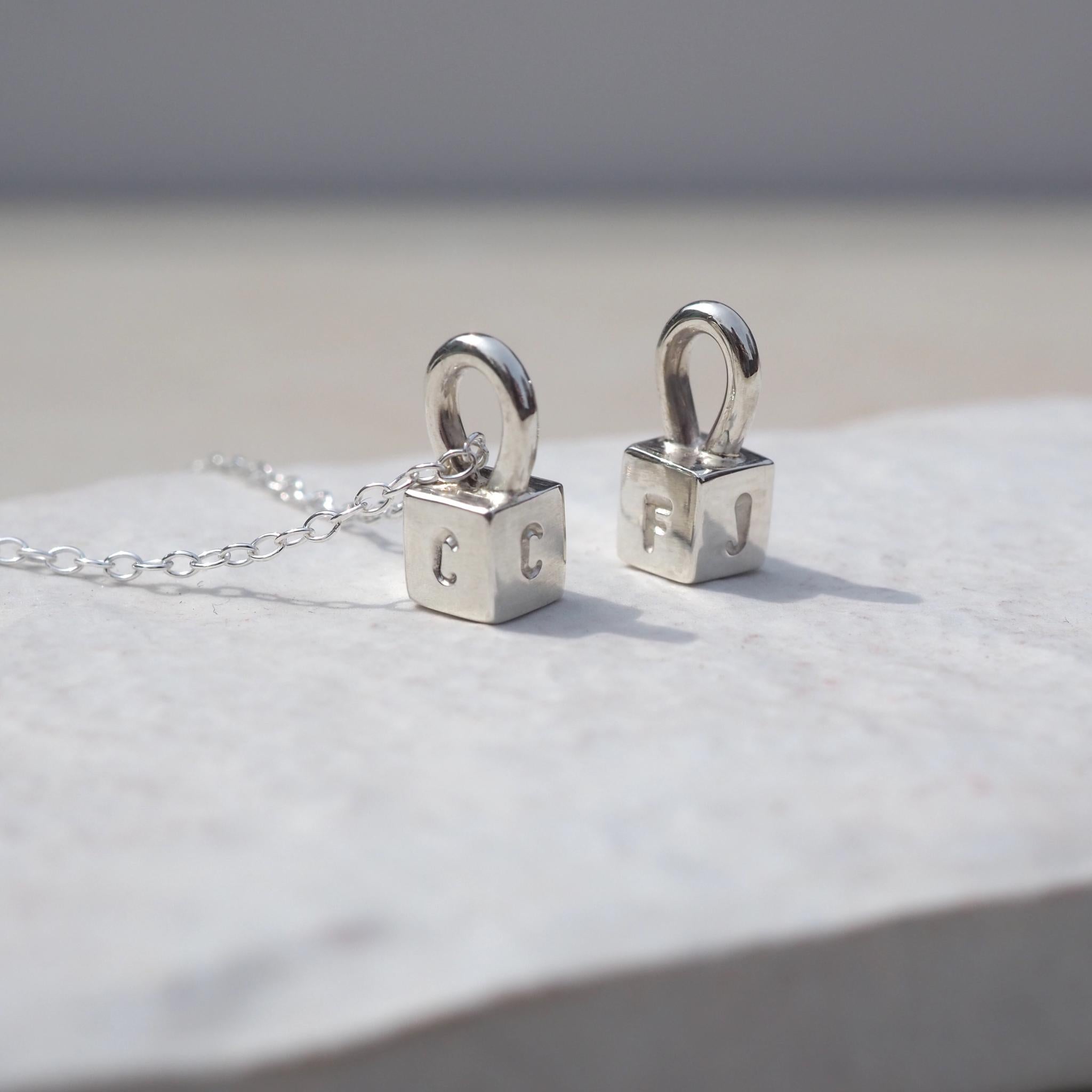 Sterling Silver cube necklace personalised with 4 hand-stamped initials