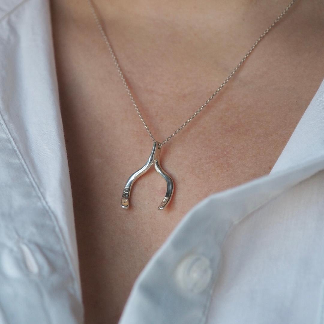 Hand-stamped wishbone necklace in silver, personalised for good luck and hope