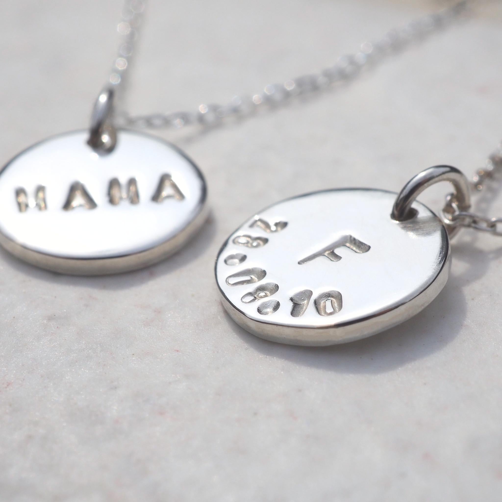 Hand-stamped mama necklace for new mothers