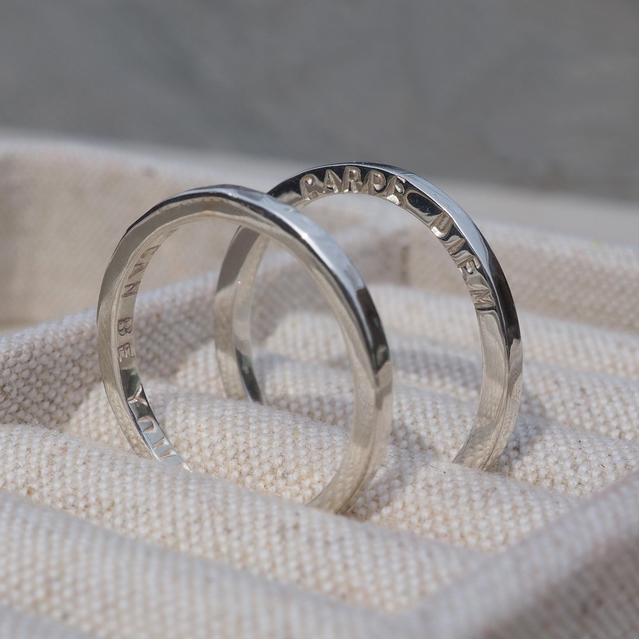 Sterling silver rings personalised with handstamped quotes and song lyrics