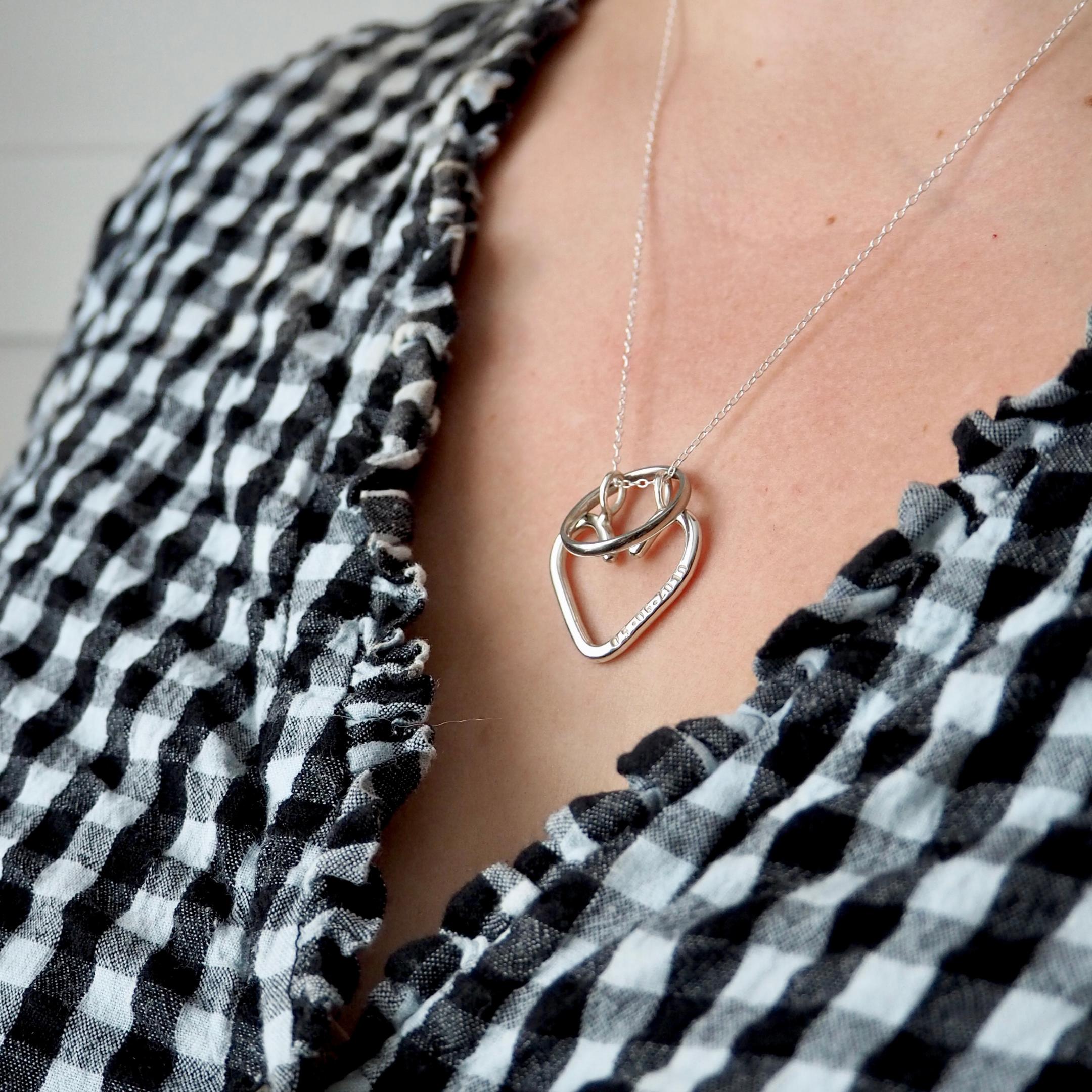Personalised Heart ring keeper necklace in sterling silver, keeps rings secure when not worn