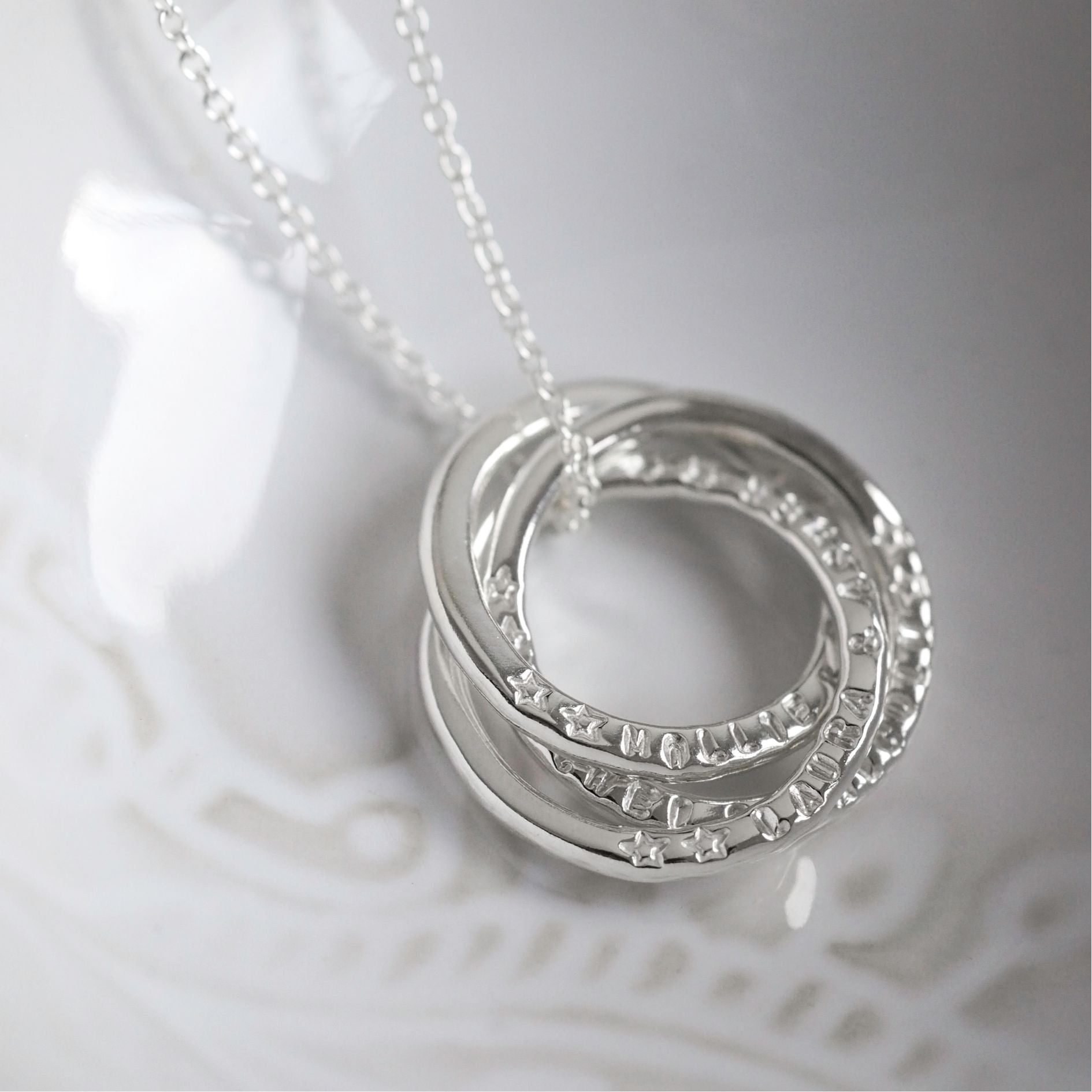 Sterling Silver three ring interlocking ring necklace with family names