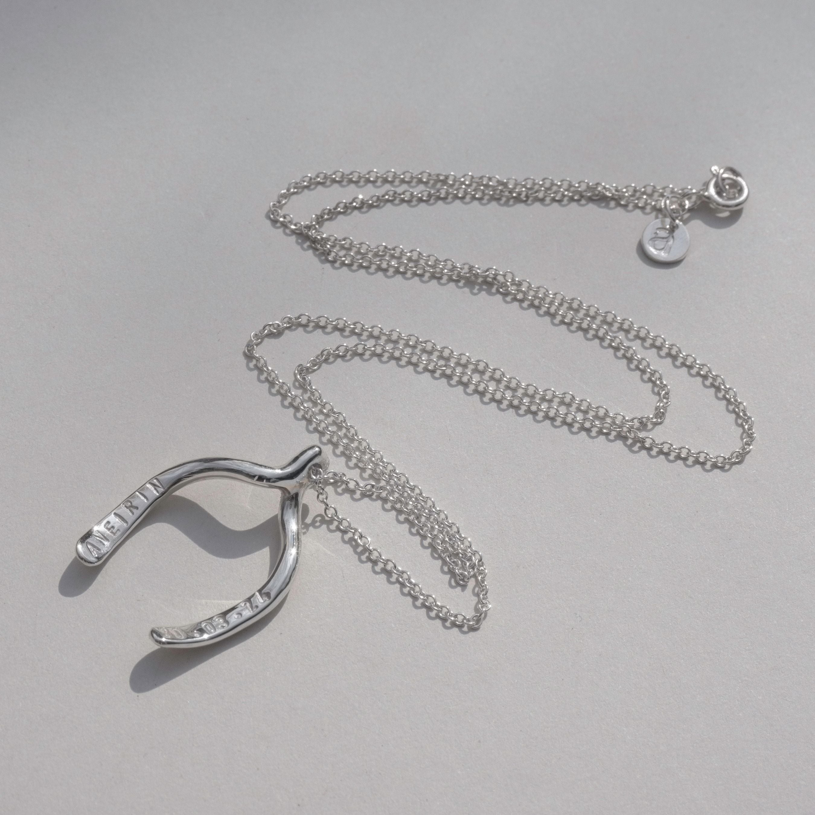 Personalised wishbone necklace, silver, symbolishing luck and hope