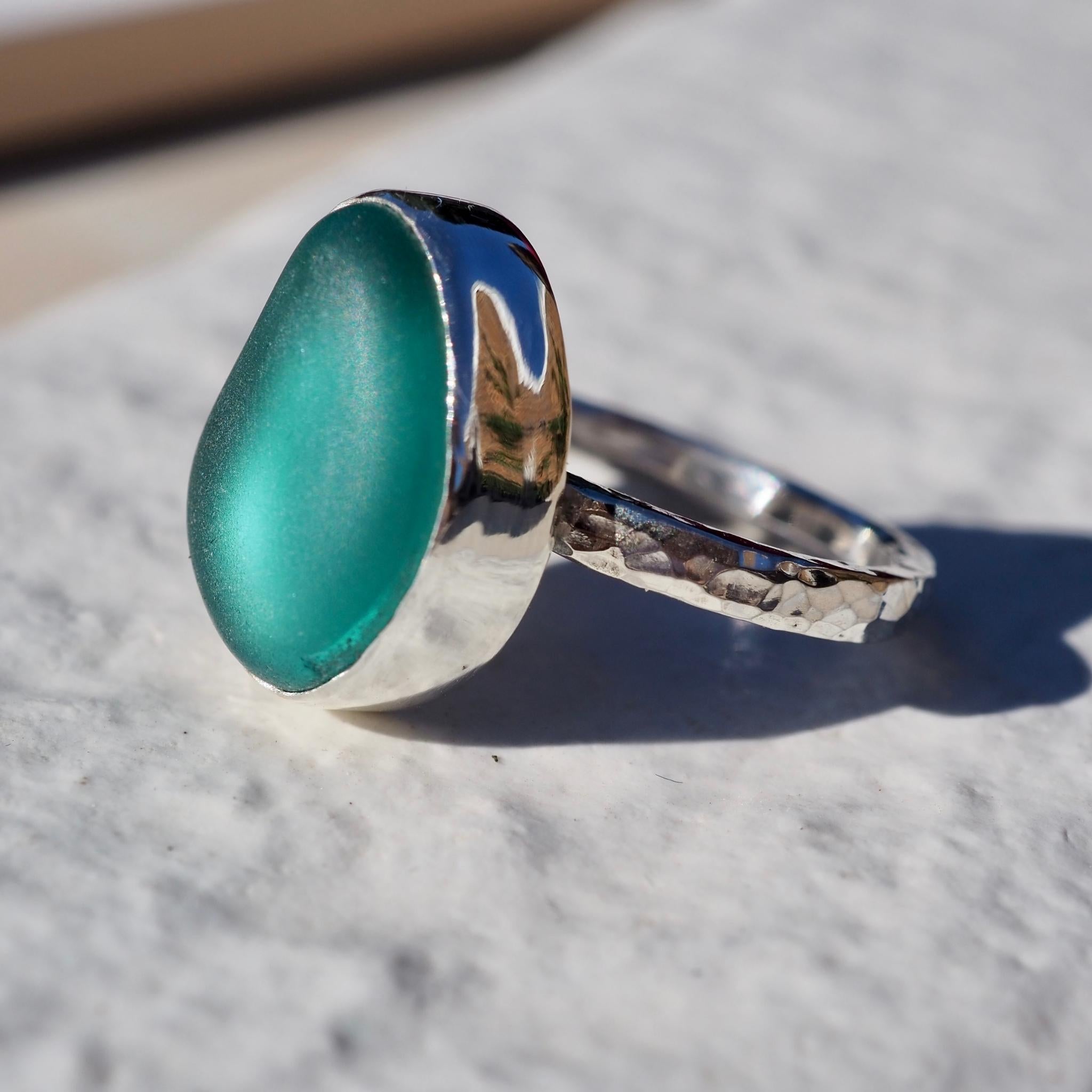 Statement Teal Blue Sea Glass Ring - Size O