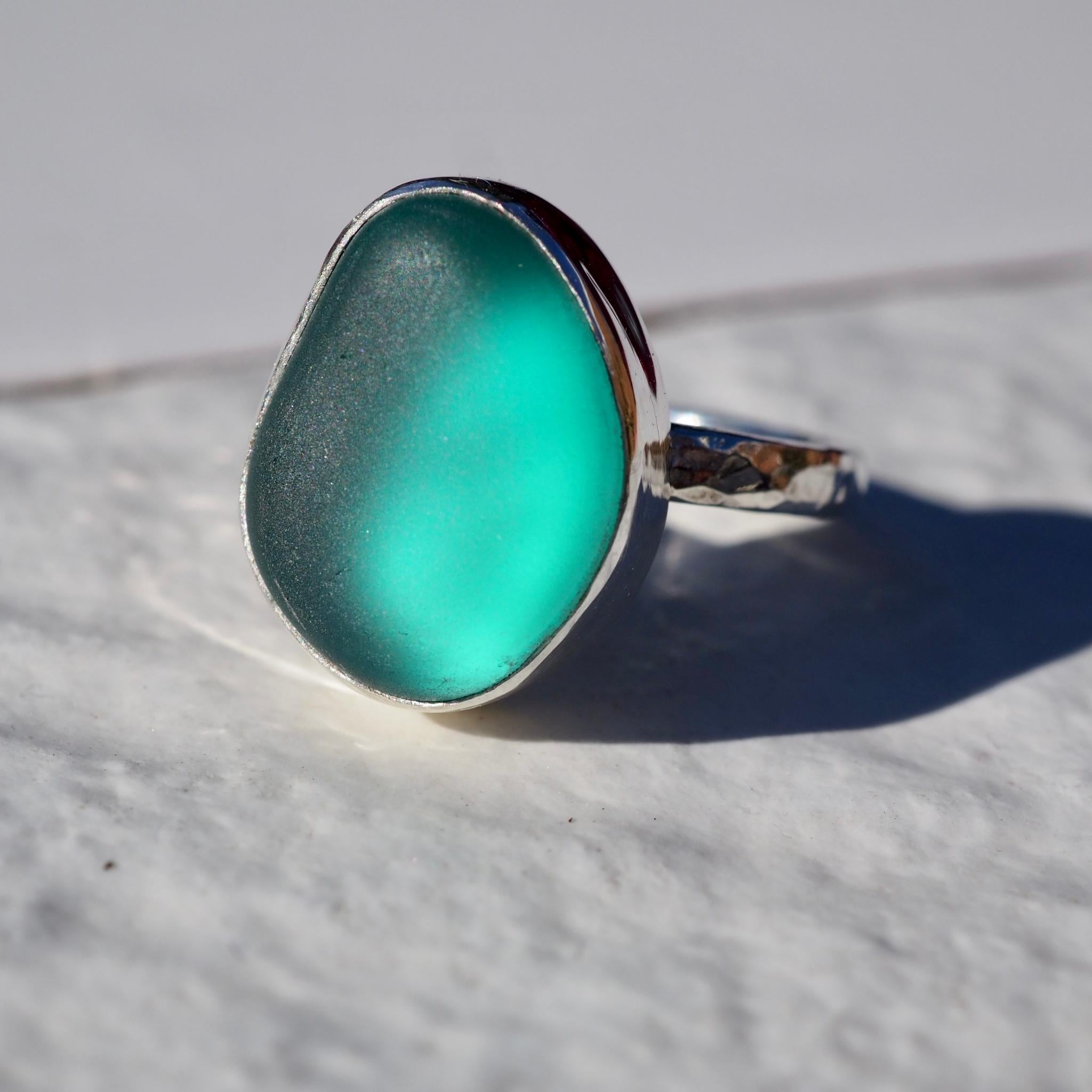 Statement Teal Blue Sea Glass Ring - Size O