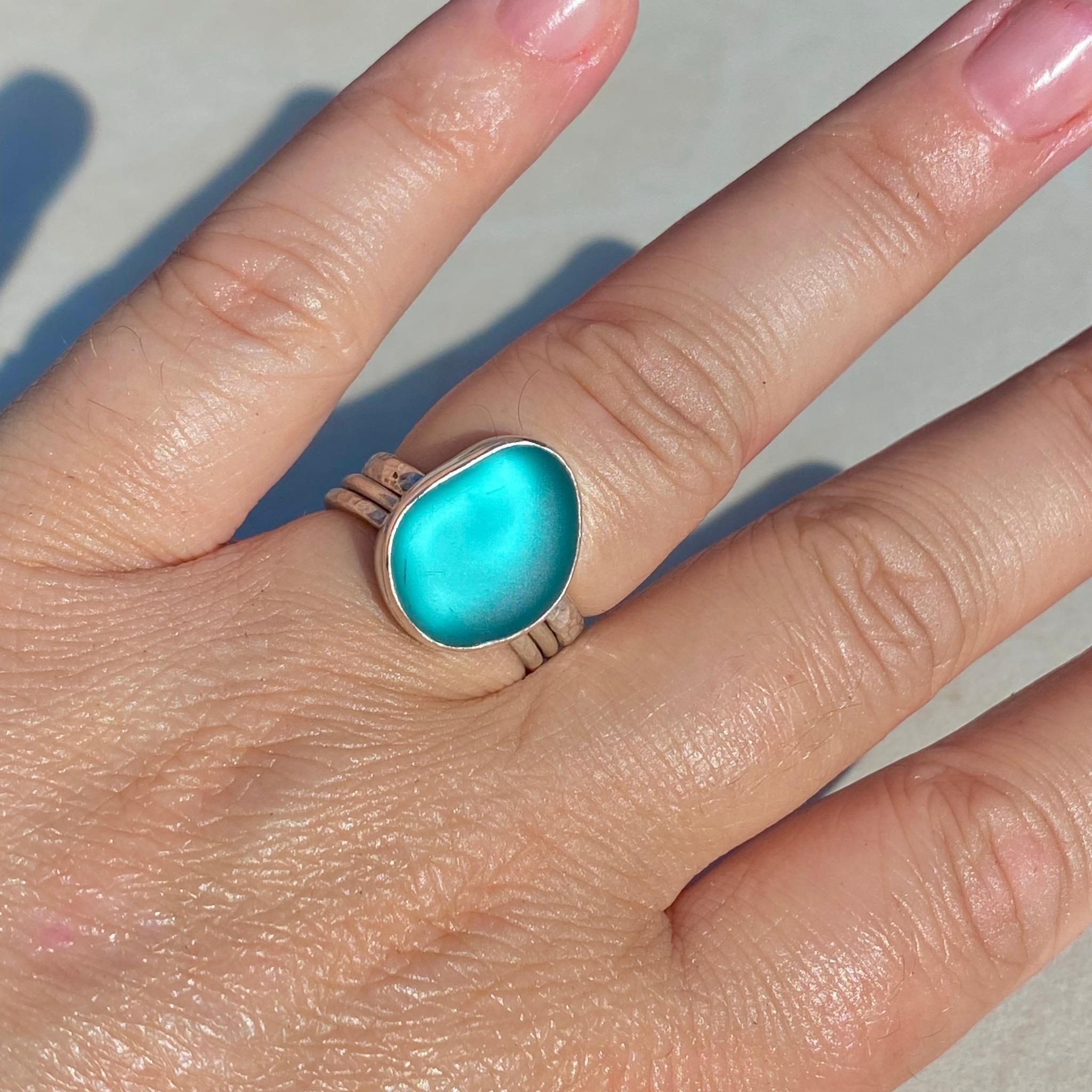 Statement Teal Blue Sea Glass Ring - Size O
