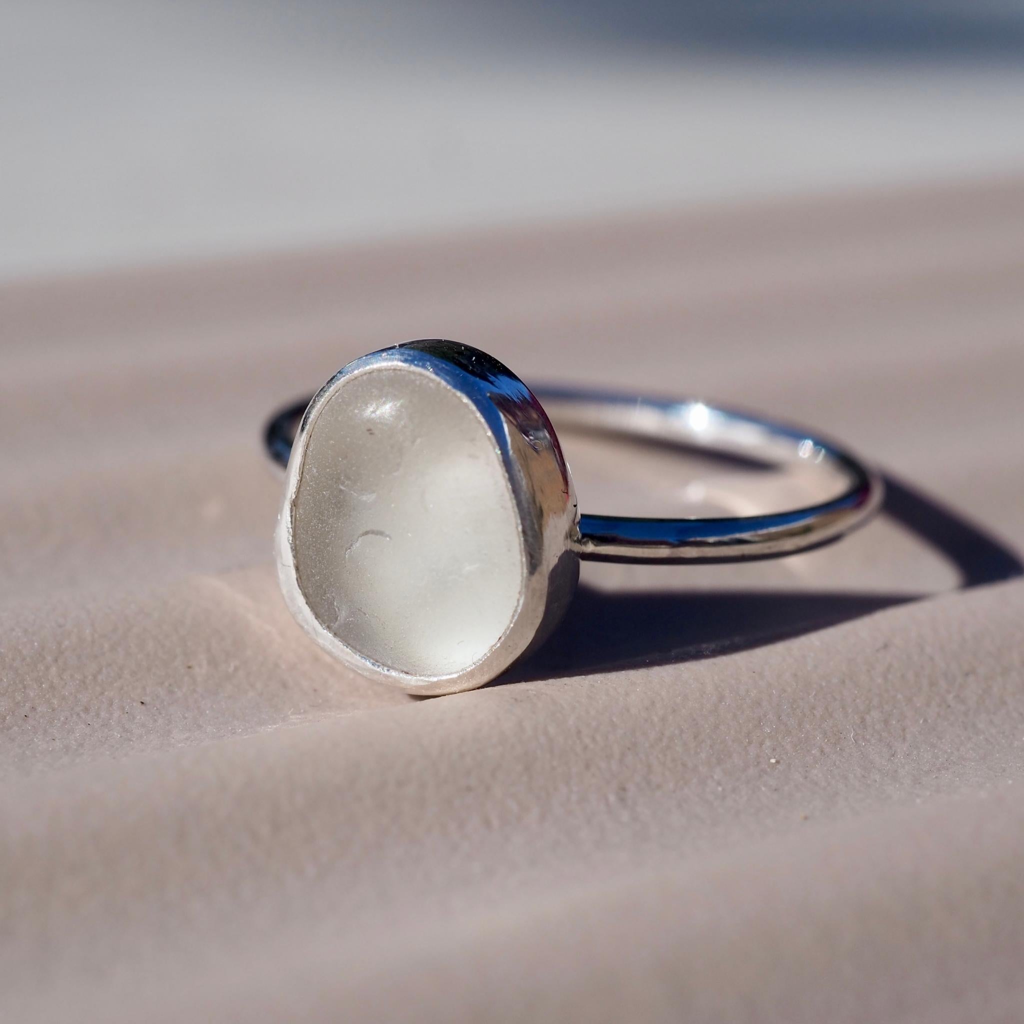 White Oval Sea Glass Ring - Size U